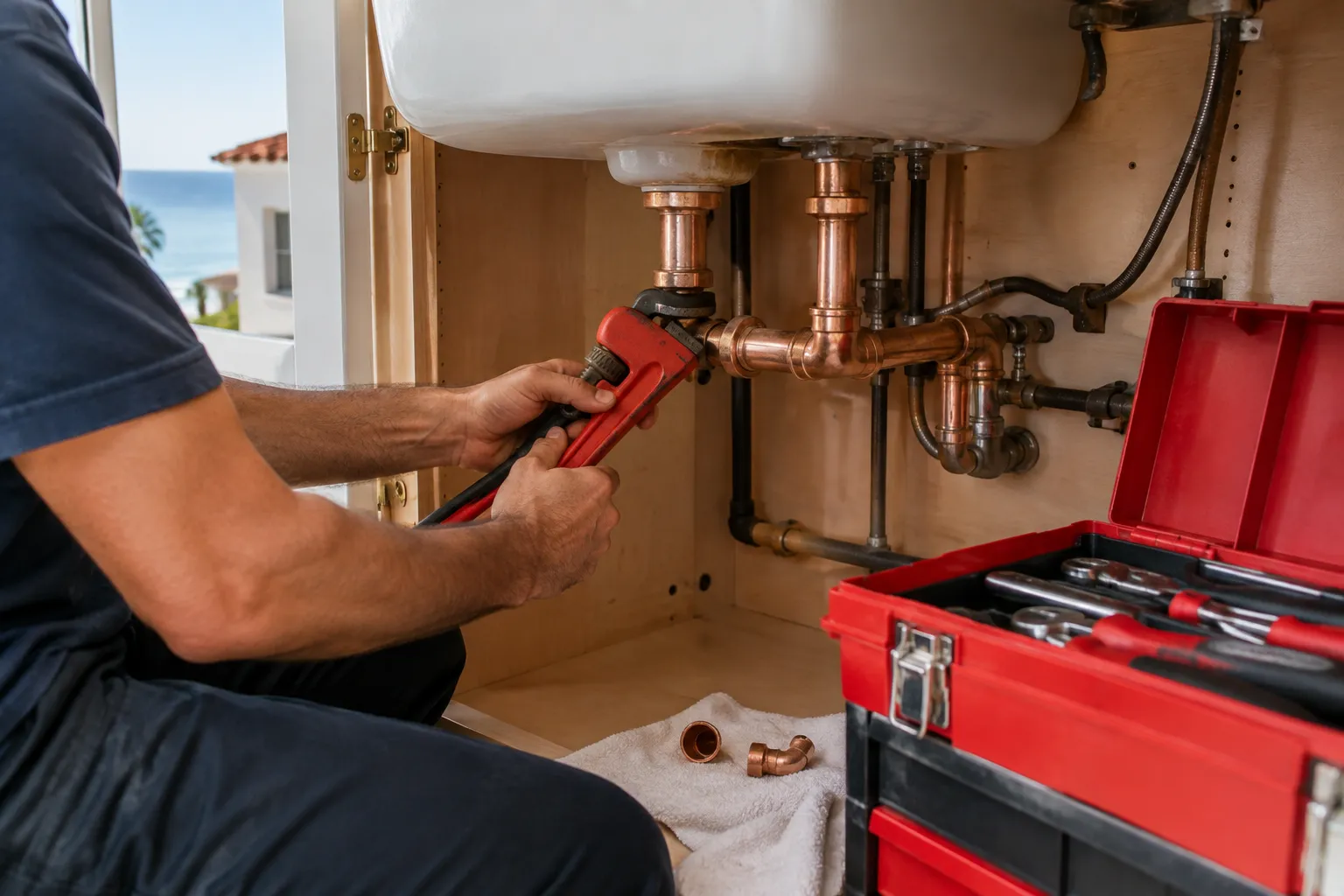 Plumber tightening copper pipe fittings under a kitchen sink in San Clemente