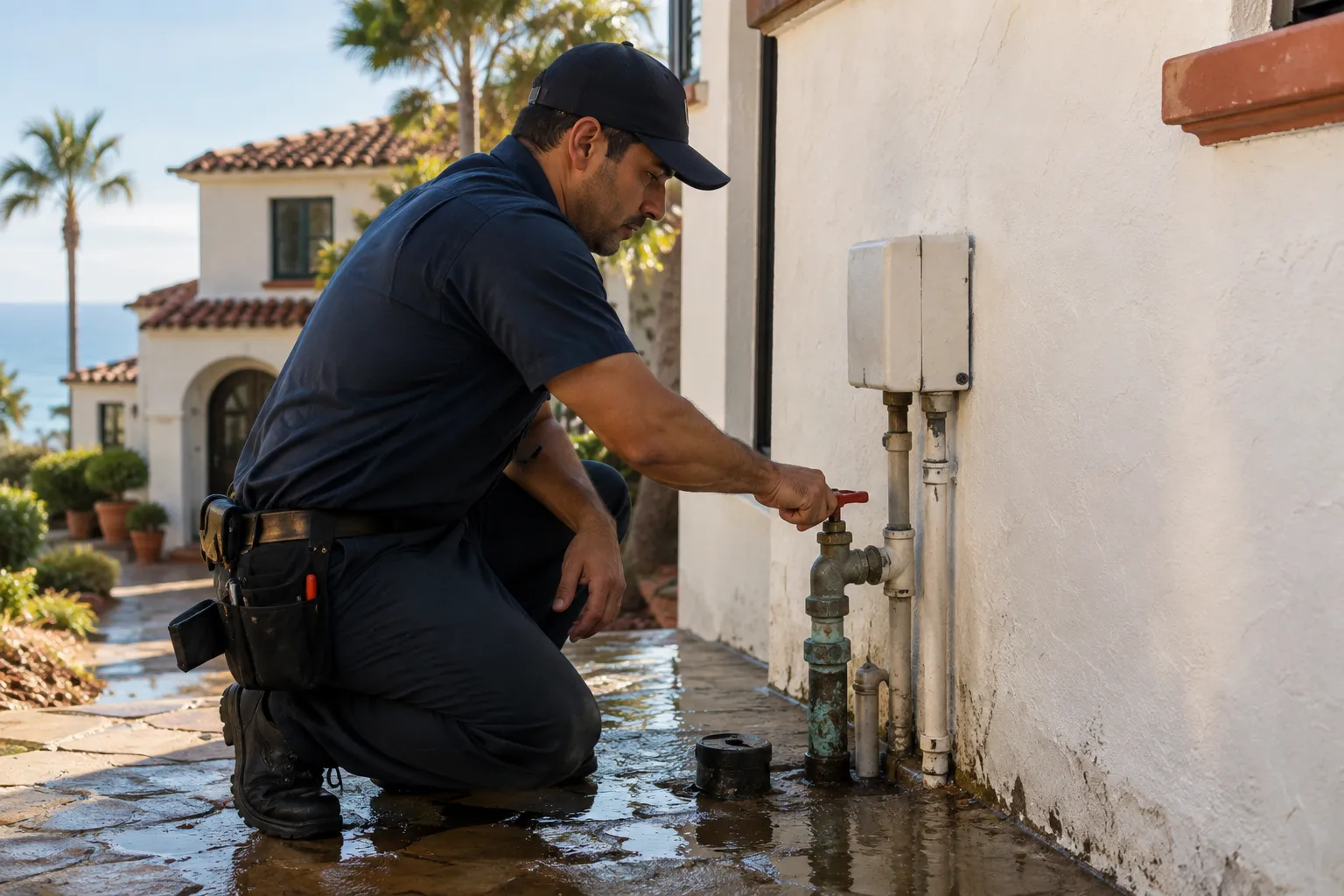 Plumber shutting off the main water valve during an emergency leak call in San Clemente