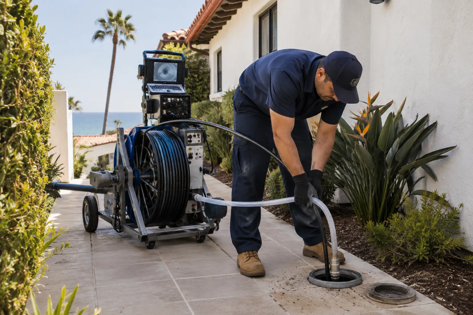 Epoxy pipe lining equipment feeding a liner into a sewer cleanout in San Clemente, CA