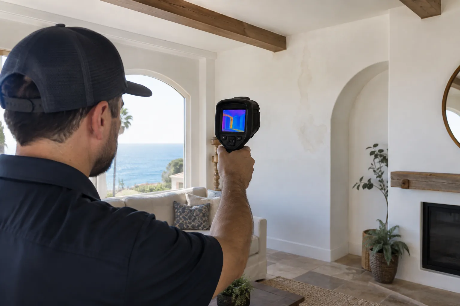 Thermal imaging camera locating a hidden water leak behind a wall in a San Clemente home