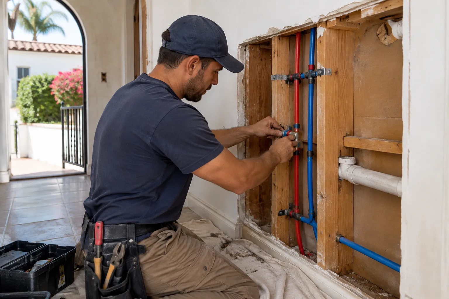 Leaking pipe section replaced with PEX inside an open wall in San Clemente