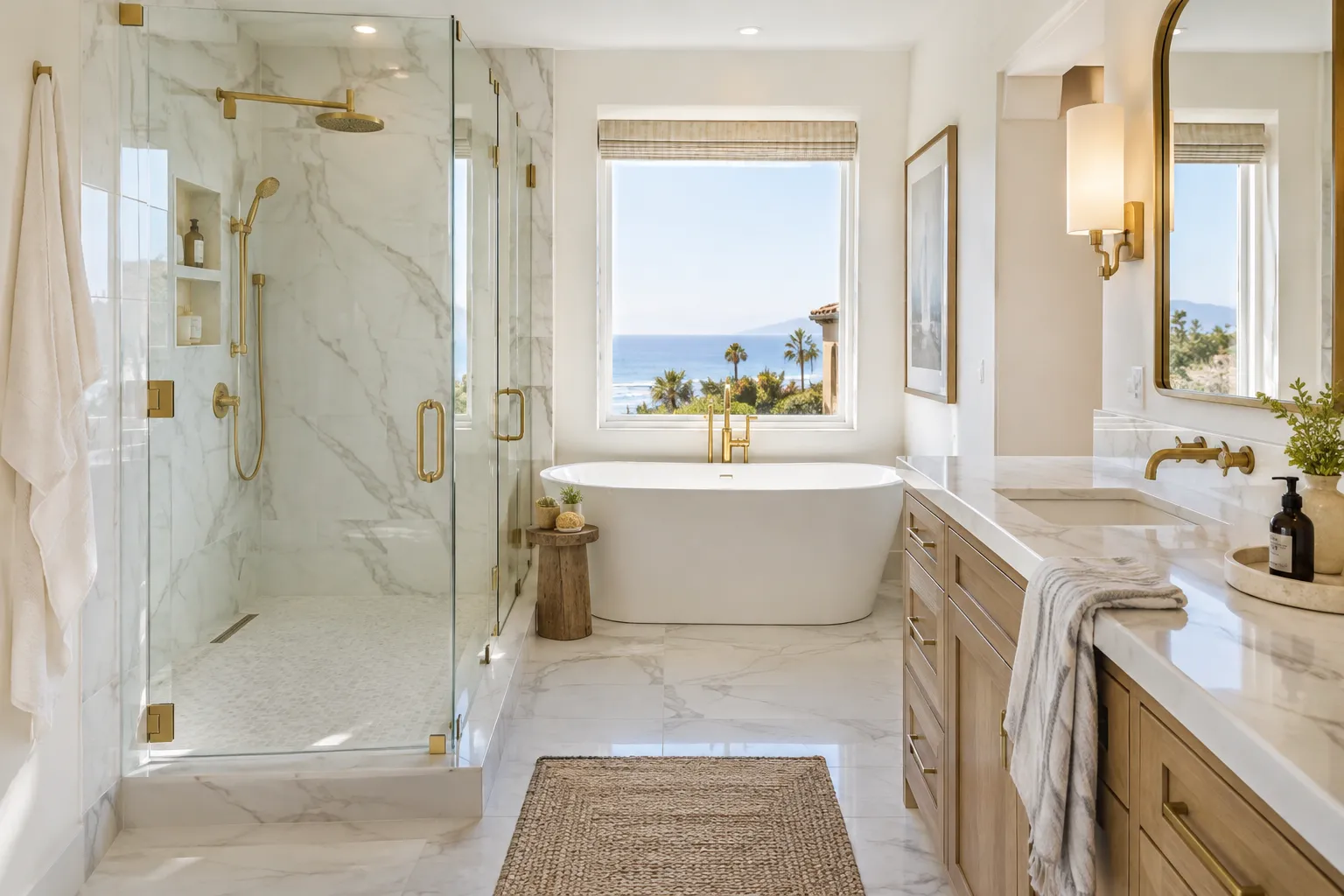 Remodeled bathroom with walk-in shower and gold fixtures in a San Clemente home