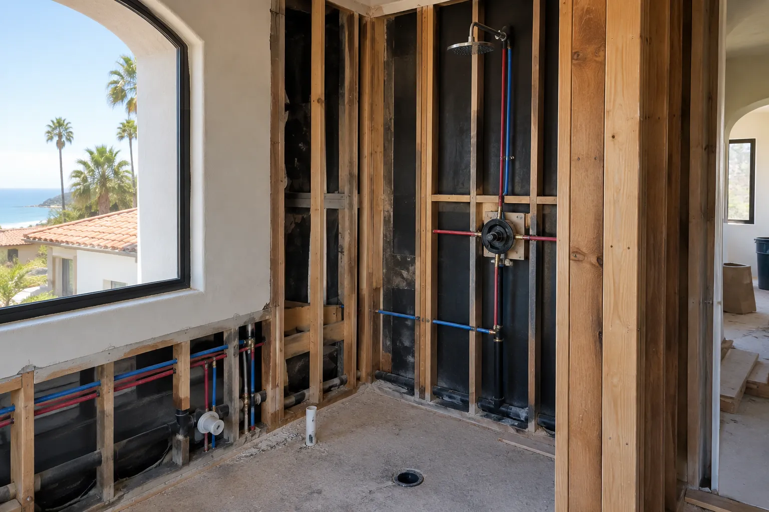 Bathroom remodel plumbing rough-in with new drain and PEX supply lines in San Clemente