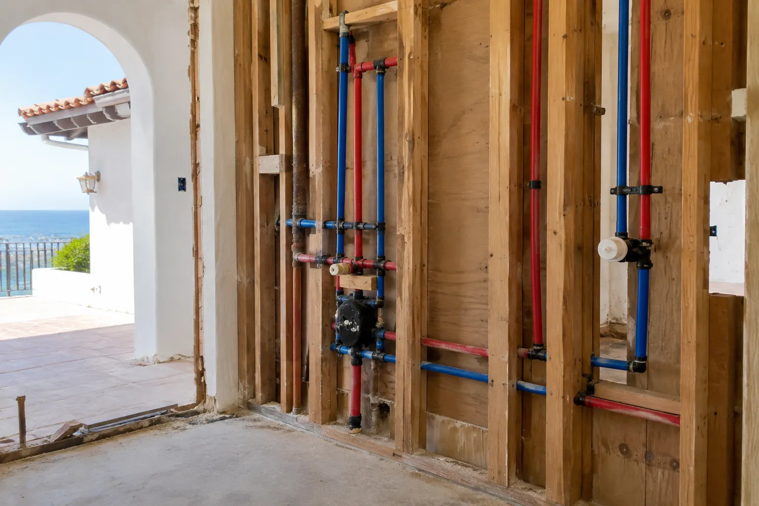 New PEX repipe lines installed through open wall framing in a South Orange County home
