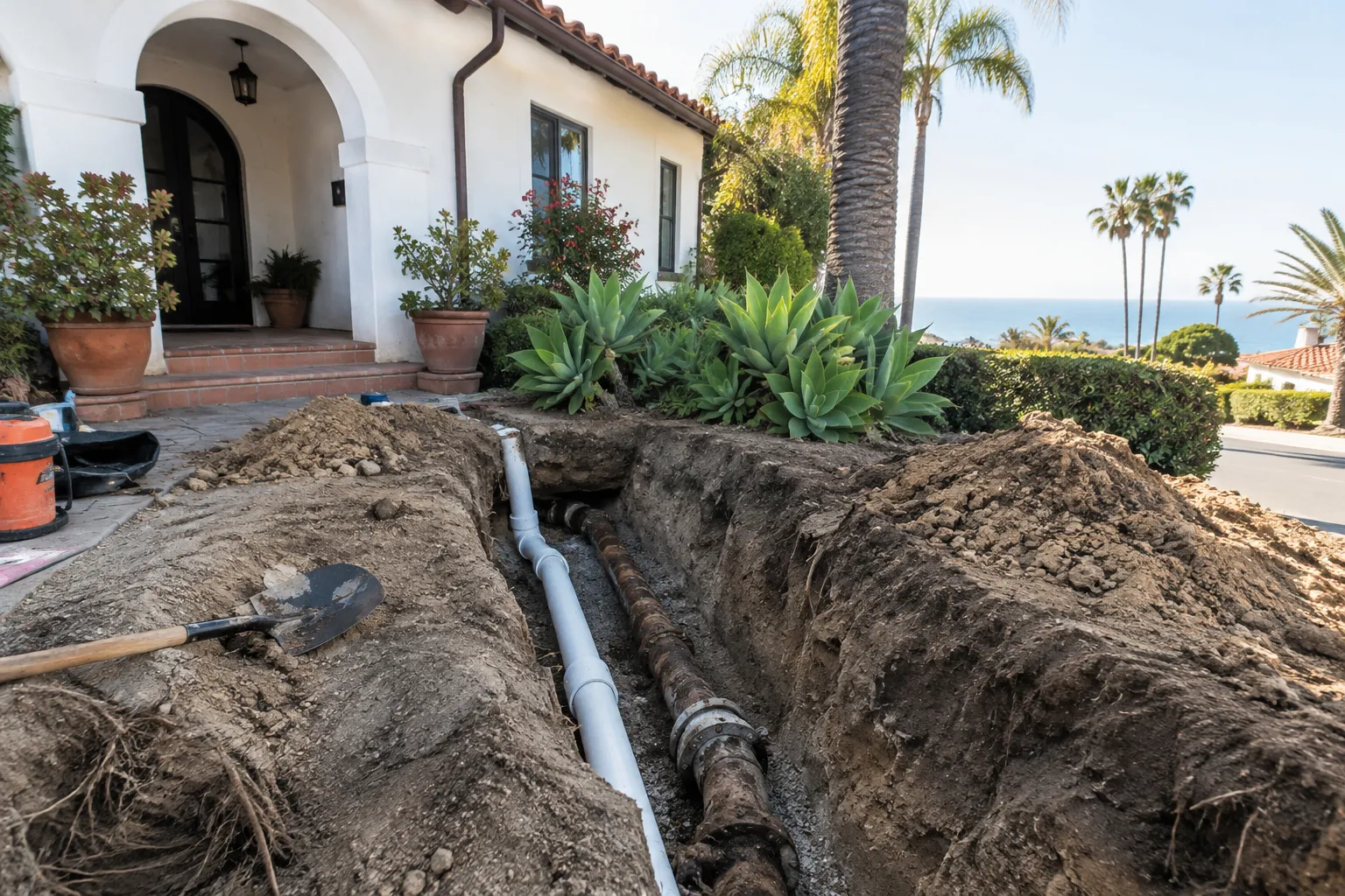 Old cast iron sewer line exposed beside new PVC pipe during sewer repair in San Clemente