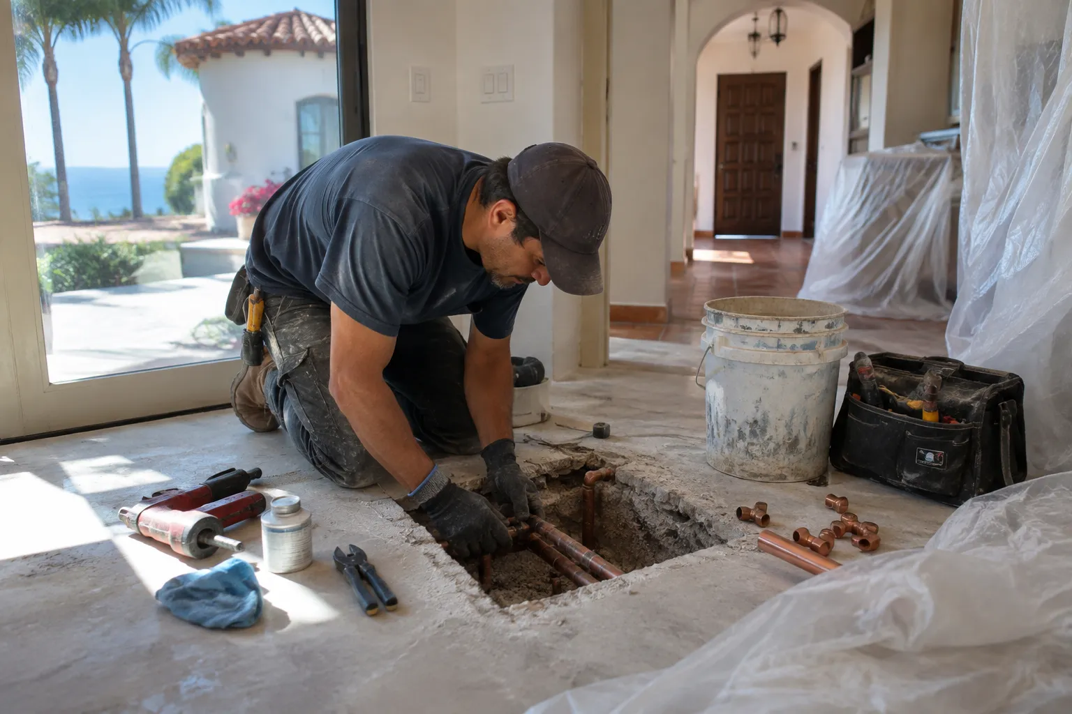 Direct-access slab leak repair through a cut concrete floor in a San Clemente home