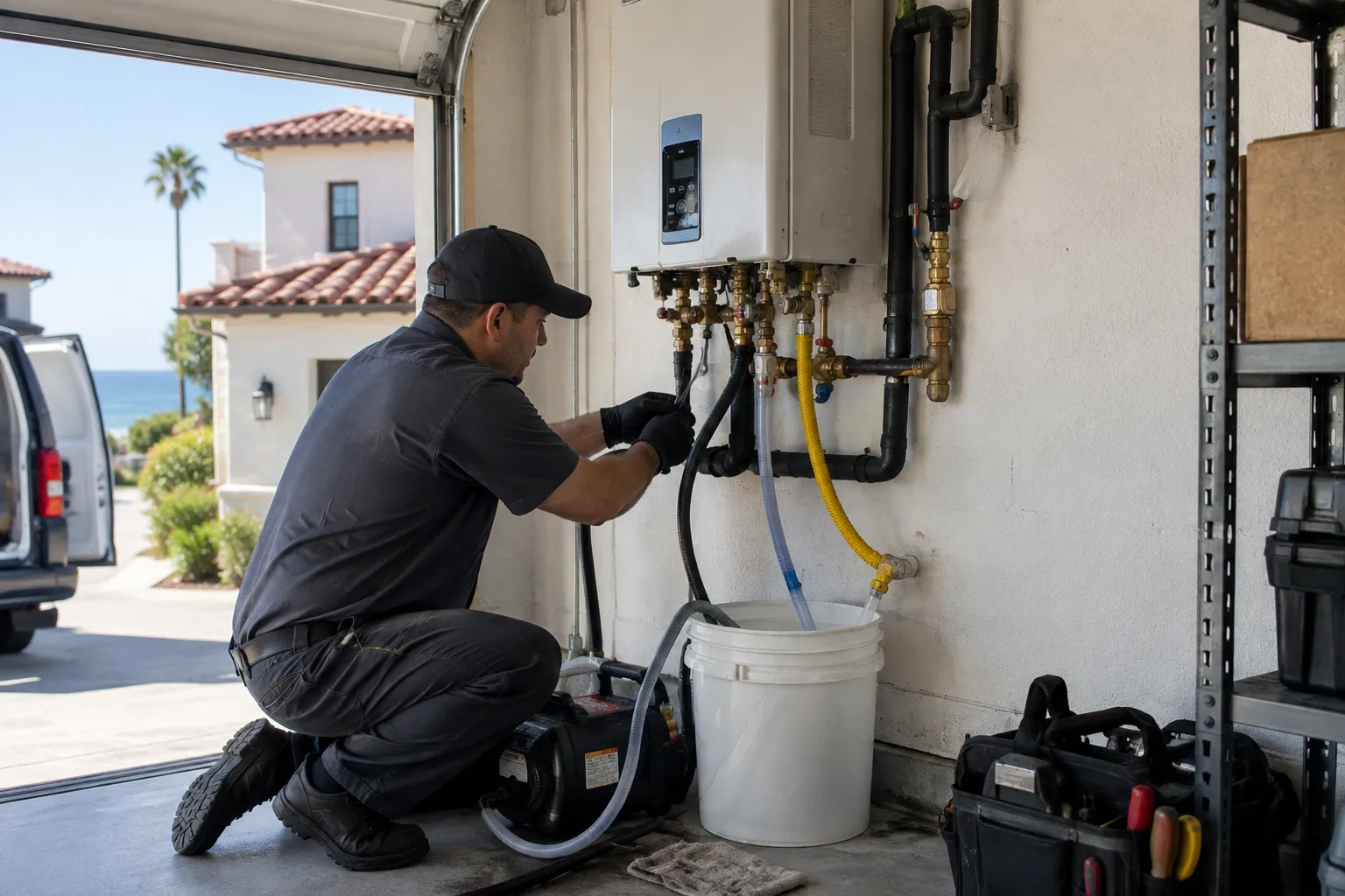 Plumber descaling a tankless water heater with a flush kit in San Clemente
