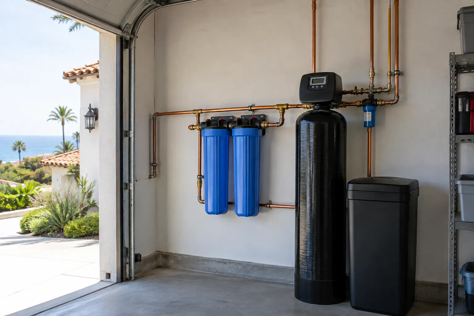 Whole-house water filtration and softener system installed in a San Clemente garage